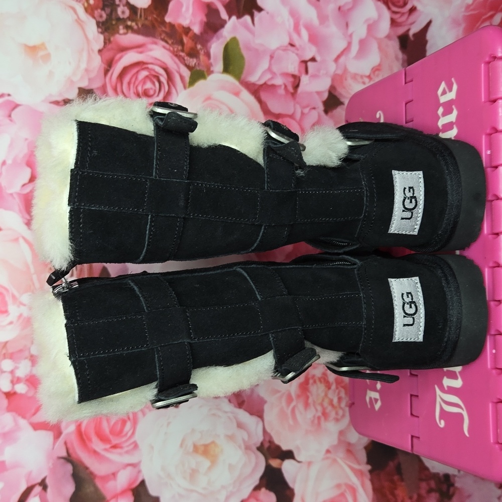 UGG Girls Maddi Black Suede Shearling Boots 100% Lambskin Size 1 NEW - Picture 4 of 8